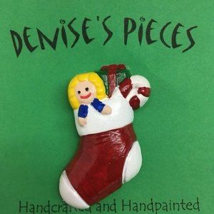 Christmas Stocking Doll Pin Brooch Plaster Handcrafted Red Green White Candy